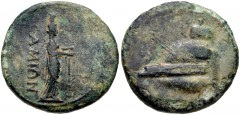 ISLANDS off IONIA, Samos. Pseudo-autonomous issues. Late 1st – early 2nd centuries AD. Æ (18.5mm, 4.29 g, 6h). Prow left / Cult statue of Samian Hera left. RPC II 1139; SNG Copenhagen 1725. Fine, ligh