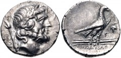 LYCIA, Oinoanda. Circa 200 BC. AR Didrachm (20mm, 7.59 g, 12h). Laureate head of Zeus right; B and scepter to left / Eagle standing right on winged thunderbolt; grape bunch and Γ to right; OINOANΔЄ in