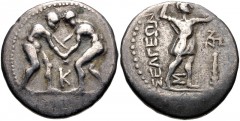 PISIDIA, Selge. Circa 325-250 BC. AR Stater (22mm, 9.79 g, 12h). Two wrestlers grappling; K between / Slinger standing right; to right, triskeles above club; Σ between slinger’s legs. SNG France 1940.