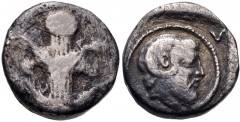 KYRENAICA, Kyrene. Circa 480-435 BC. AR Hemidrachm (13mm, 2.83 g, 6h). Asiatic standard. Silphium plant / Head of Zeus Ammon right within pelleted circular border. Cf. SNG Copenhagen 1179; cf. Müller 