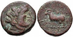 NORTH AFRICA, Uncertain. 1st century BC–1st century AD. Æ (17mm, 5.12 g, 12h). Crude diademed head of Ptolemy I(?) right / Ram standing left; star before. Unpublished in the standard references. Near 