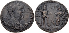 LYDIA, Bagis. Gallienus. AD 253-268. Æ Medallion (36mm, 21.57 g, 6h). Homonoia with Temenothyrae. Laureate, draped, and cuirassed bust right / Mên standing right, resting right foot on helmet, holding