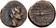 CILICIA, Olba. Tiberius. AD 14-37. Æ (24mm, 11.79 g, 3h). Ajax, high priest and toparch. Dated year 5 (AD 14/5). Laureate head right / Thunderbolt. Staffieri, Olba 18; RPC I 3731. VF, brown surfaces. 
