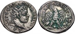 SYRIA, Seleucis and Pieria. Laodicea ad Mare. Caracalla. AD 198-217. AR Tetradrachm (28mm, 12.66 g, 12h). Struck circa AD 209-211. Radiate head right / Eagle standing facing, head and tail left, with 