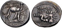 M. Aemilius Scaurus and Pub. Plautius Hypsaeus. 58 BC. AR Denarius (17mm, 4.11 g, 6h). Rome mint. Nabatean king Aretas kneeling to right, holding reins and olive branch before camel standing right / J