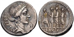 Q. Servilius Caepio (M. Junius) Brutus. 54 BC. AR Denarius (18mm, 3.88 g, 4h). Rome mint. Head of Libertas right / The consul L. Junius Brutus walking left between two lictors, each carrying axe over 