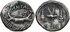 The Triumvirs. Mark Antony. Autumn 32-spring 31 BC. AR Denarius (18mm, 3.53 g, 6h). Legionary issue. Patrae(?) mint. Praetorian galley right / Aquila between two signa; LEG XX across lower field. Craw
