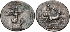 Octavian. Autumn 30 BC. AR Denarius (21mm, 3.60 g, 11h). Italian (Rome?) mint. Victory standing right on prow of galley, holding palm frond over shoulder and wreath / Octavian, holding laurel branch a