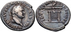 Titus. AD 79-81. AR Denarius (19mm, 2.88 g, 6h). Rome mint. Struck 1 January-30 June AD 80. Laureate head right / Pulvinar (throne) of Jupiter and Juno: square seat, draped and surmounted by horizonta
