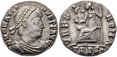 Gratian. AD 367-383. AR Siliqua (15mm, 1.55 g, 12h). Treveri (Trier) mint. Struck AD 367-378. Pearl-diademed, draped, and cuirassed bust right / Roma seated left on throne, holding crowning Victory on