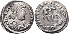 Theodosius I. AD 379-395. AR Siliqua (17mm, 1.88 g, 12h). Treveri (Trier) mint. Struck AD 378-388. Pearl-diademed, draped, and cuirassed bust right / Roma seated facing on throne, head left, holding g