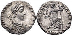 Honorius. AD 393-423. AR Siliqua (15mm, 1.22 g, 12h). Mediolanum (Milan) mint. Struck AD 393-394. Pearl-diademed, draped, and cuirassed bust right / Roma seated left on cuirass, holding Victory on glo