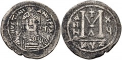 Justinian I. 527-565. Silvered Æ Follis (40mm, 21.98 g, 12h). Cyzicus mint, 1st officina. Dated RY 15 (541/2). Diademed, helmeted, and cuirassed bust facing, holding globus cruciger and shield; cross 