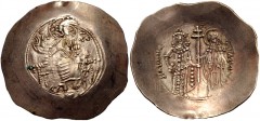 Manuel I Comnenus. 1143-1180. EL Aspron Trachy Nomisma (33mm, 4.19 g, 6h). Second coinage. Constantinople mint. Struck 1152-circa 1167. Christ Pantokrator seated facing on throne; barred IC XC across 