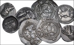 ORIENTAL GREEK & CENTRAL ASIAN. Lot of eight (8) AR drachms of Parthia and Sasanians. Includes: Three early Parthian drachms – including two of Mithradates II, and five Sasanian drachms, mostly of Hus