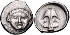 THRACE, Apollonia Pontika. Late 5th-4th centuries BC. AR Drachm (14mm, 2.84 g, 4h). Facing gorgoneion / Upright anchor; crayfish to left, A to right. Topalov, Apollonia 45; SNG BM Black Sea 160-1 var.