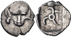 DYNASTS of LYCIA. Mithrapata. Circa 390-370 BC. AR Diobol (12mm, 1.32 g). Facing lion’s scalp / Triskeles within incuse square. Falghera 195-6; SNG Copenhagen Supp. 476; Traité II, 455. VF, toned, gra