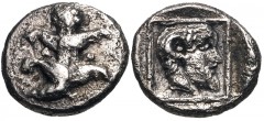 KYRENAICA, Kyrene. Circa 480-435 BC. AR Hemiobol (6mm, 0.31 g, 7h). Silphion plant / Head of Ammon right within linear square border within incuse square. Cf. Buttrey, Coins 99 (obol); cf. SNG Copenha