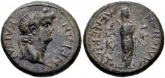 LYDIA, Maeonia. Nero. AD 54-68. Æ (18mm, 4.46 g, 12h). Menekrates, strategos. Struck circa AD 65. Laureate head right / Veiled goddess standing right, holding scepter over shoulder. RPC I 3011; SNG Co