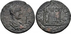 PAMPHYLIA, Perge. Valerian II. Caesar, AD 256-258. Æ 10 Assaria (32mm, 15.84 g, 12h). Laureate, draped, and cuirassed bust right; I (mark of value) to right / Distyle temple, containing simulacrum of 