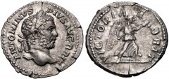 Caracalla. AD 198-217. AR Denarius (20mm, 3.40 g, 6h). Rome mint. Struck circa AD 210-211. Laureate head right / VICTORIAE BRIT, Victory advancing right, holding trophy with both hands. RIC IV 231A; R