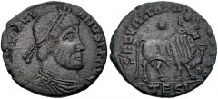 Julian II. AD 360-363. Æ (24mm, 6.28 g, 6h). Contemporary imitation. Pearl-diademed, draped, and cuirassed bust right / Bull standing right; two stars above, eagle with wreath to right; TESI. Cf. De W