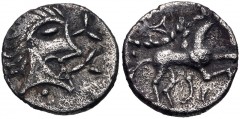 CELTIC, Iceni. Uninscribed. Circa 65-1 BC. AR Unit (14mm, 0.99 g, 1h). Norfolk God, Moustache (Icenian O) type. Head right; trefoil ornaments before, three pellets below / Horse right; wheel-like obje