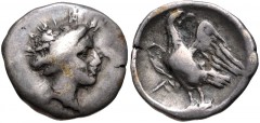 ELIS, Olympia. 111th-114th Olympiad. 336-324 BC. AR Hemidrachm (16mm, 2.63 g, 11h). Head of the nymph Olympia right / Eagle standing left, head right; F to left. BCD Olympia 205; HGC 5, 454. Fine, ton
