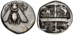 IONIA, Ephesos. Circa 335-320 BC. AR Hemidrachm (11mm, 1.69 g, 6h). Melanopos, magistrate. Bee with straight wings / Quadripartite incuse square divided by raised bands; ΜΕΛΑΝΩΠ[ΟΣ] on central band. P