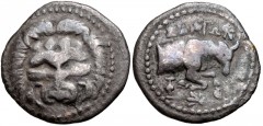 ISLANDS off IONIA, Samos. Circa 210-185 BC. AR Oktobol – Drachm (17mm, 2.55 g, 12h). Rhodian Plinthophoric standard. Facing lion scalp / Forepart of ox charging right; krater and bee below. Barron 45c