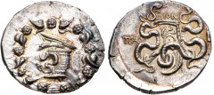 LYDIA, Tralleis. Circa 166-67 BC. AR Tetradrachm (28mm, 12.59 g, 1h). Cistophoric type. Dion, magistrate. Cista mystica with serpent within ivy wreath / Two serpents entwined around bow and quiver; ∆I