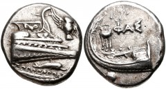 LYCIA, Phaselis. 4th century BC. AR Stater (20mm, 10.32 g, 1h). Prow of galley right, fighting platform decorated with lion at bay right; to right, owl flying upward to left, wings displayed; below, d