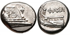 LYCIA, Phaselis. 4th century BC. AR Stater (20mm, 10.40 g, 8h). Prow of galley right, fighting platform decorated with wreath; grape bunch on vine to right / Stern of galley left; tripod and ΦΑΣH abov
