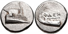 LYCIA, Phaselis. 4th century BC. AR Stater (21mm, 10.37 g, 3h). Prow of galley right / Stern of galley left; ΦΑΣH above. Heipp-Tamer Series 6, unlisted variety; cf. CNG 99, lot 287. Near EF, lightly t