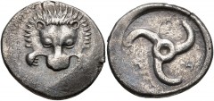 DYNASTS of LYCIA. Trbbenimi. Circa 390-375 BC. AR Stater (25mm, 9.67 g). Zemura (Limyra) mint. Facing lion scalp / Triskeles; ZẼ and T (in Lycian) around; all within incuse circle. Falghera –; SNG Cop