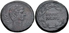 The Triumvirs. Octavian and Divus Julius Caesar. 38 BC. Æ Sestertius (29.5mm, 17.47 g, 3h). Southern Italian mint(?). Bare head of Octavian right; star of eight rays (sidus Iulium) to right / DIVOS/IV