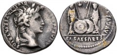 Augustus. 27 BC-AD 14. AR Denarius (18mm, 3.74 g, 6h). Lugdunum (Lyon) mint. Struck 2 BC-AD 12. Laureate head right / Caius and Lucius Caesars standing facing, two shields and two spears between them;