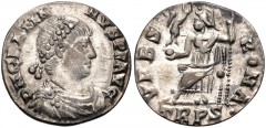 Gratian. AD 367-383. AR Siliqua (16mm, 1.41 g, 6h). Treveri (Trier) mint. Struck AD 367-375. Pearl-diademed, draped, and cuirassed bust right / Roma seated left on throne, holding crowning Victory on 