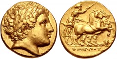 KINGS of MACEDON. Philip III Arrhidaios. 323-317 BC. AV Stater (17mm, 8.55 g, 12h). In the types of Philip II. Lampsakos mint. Struck under Leonnatos, Arrhidaios, or Antigonos I Monophthalmos. Laureat