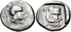 LYCIA, Telmessos. Late 5th-early 4th centuries BC. AR Stater (21mm, 8.10 g, 7h). Helemeted head of Athena right; letters or symbols to right / Head of Herakles right, wearing lion skin, within incuse 