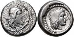 DYNASTS of LYCIA. Vekhssere I. Circa 450-430/20 BC. AR Stater (19mm, 8.34 g, 5h). Head right, wearing satrapal headdress / Laureate head of Apollo right; diskeles to right; all in dotted circular bord