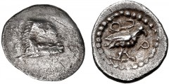 DYNASTS of LYCIA. Mithrapata or Arttumpara(?). Circa 390-370 BC. AR Obol (10.5mm, 0.59 g, 7h). Forepart of lion right / Bird standing right; monoskeles above, P to right; all in dotted circular border