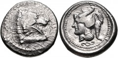 DYNASTS of LYCIA. Arttumpara. Circa 390-370 BC. AR Stater (21mm, 8.40 g, 1h). Xanthos mint(?). Forepart of lion right / Helmeted head of Athena left; diskeles below; all in dotted circle within incuse
