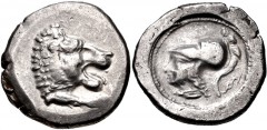 DYNASTS of LYCIA. Arttumpara. Circa 390-370 BC. AR Stater (21.5mm, 8.11 g, 3h). Xanthos mint(?). Forepart of lion right / Helmeted head of Athena left; diskeles to right; all in dotted circle within i