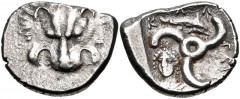 DYNASTS of LYCIA. Perikles. Circa 380-360 BC. AR Third Stater (16mm, 3.14 g). Lion scalp facing / Triskeles; in one section, draped bust of female facing slightly left; in another, dolphin right; all 