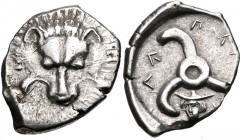 DYNASTS of LYCIA. Perikles. Circa 380-360 BC. AR Third Stater (16mm, 3.10 g). Lion scalp facing / Triskeles; in one section, draped bust of Hermes, wearing winged petasos, facing slightly left; all wi