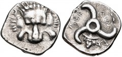 DYNASTS of LYCIA. Perikles. Circa 380-360 BC. AR Third Stater (18mm, 3.12 g). Lion scalp facing / Triskeles; in one section, draped bust of Hermes, wearing winged petasos, facing slightly left; all wi