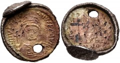 Justinian I. 527-565. AR Bijou – Amulet (21mm, 3.58 g, 0h). A fourrée of a 538-545 issue solidus of Justinian I from 10th officina of Constantinople mint welded to a silver ring with semi-spherical se
