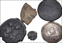 MIXED. Roman Imperial–Byzantine. Lot of five (5) bronze and silver issues. Includes: ROMAN IMPERIAL: Antonia. Æ As // BYZANTINE: Justin II. Æ Follis // Heraclius. AR 120 Nummi // Heraclius Quartered Æ