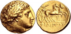KINGS of MACEDON. temp. Philip II – Alexander III. Circa 340/36-328 BC. AV Stater (18mm, 8.51 g, 9h). In the name and types of Philip II. Pella mint. Head of Apollo right, wearing laurel wreath / Char